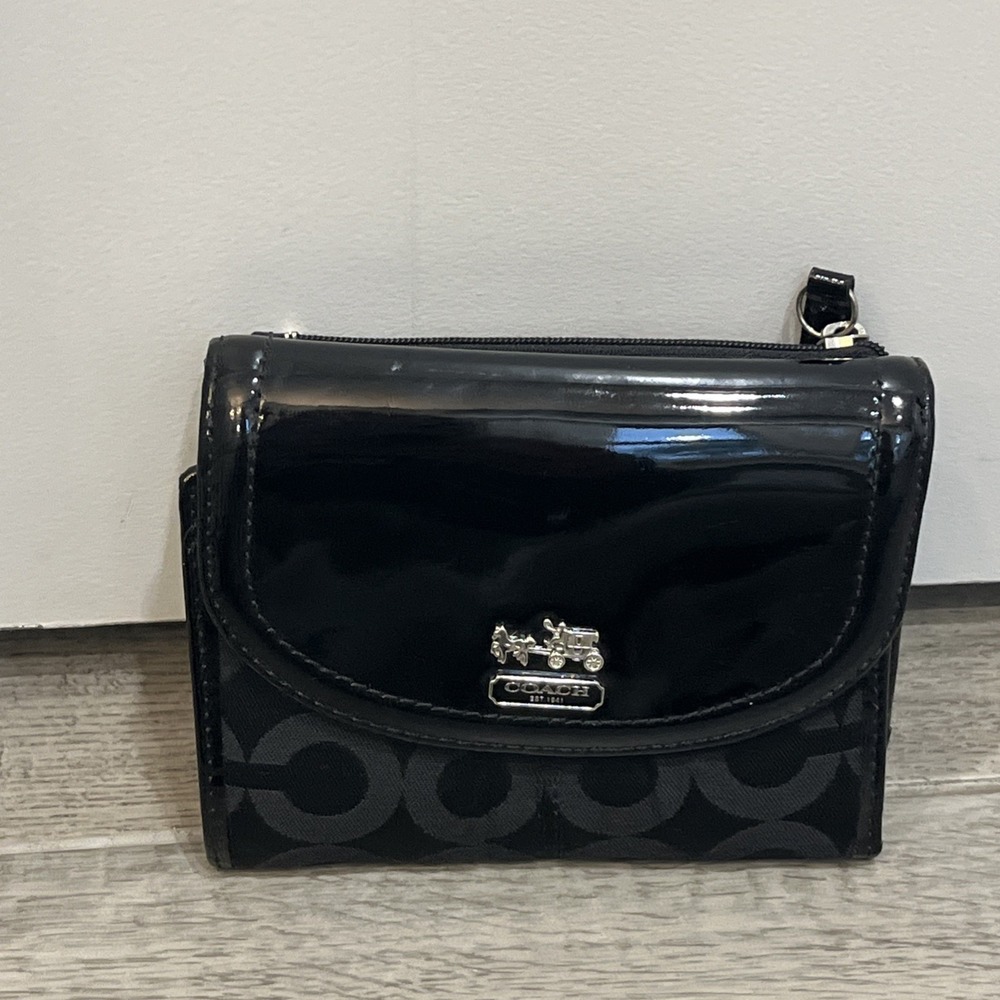 Coach Black Wallet Patent Leather Canvas Logo Print Small Tri-Fold